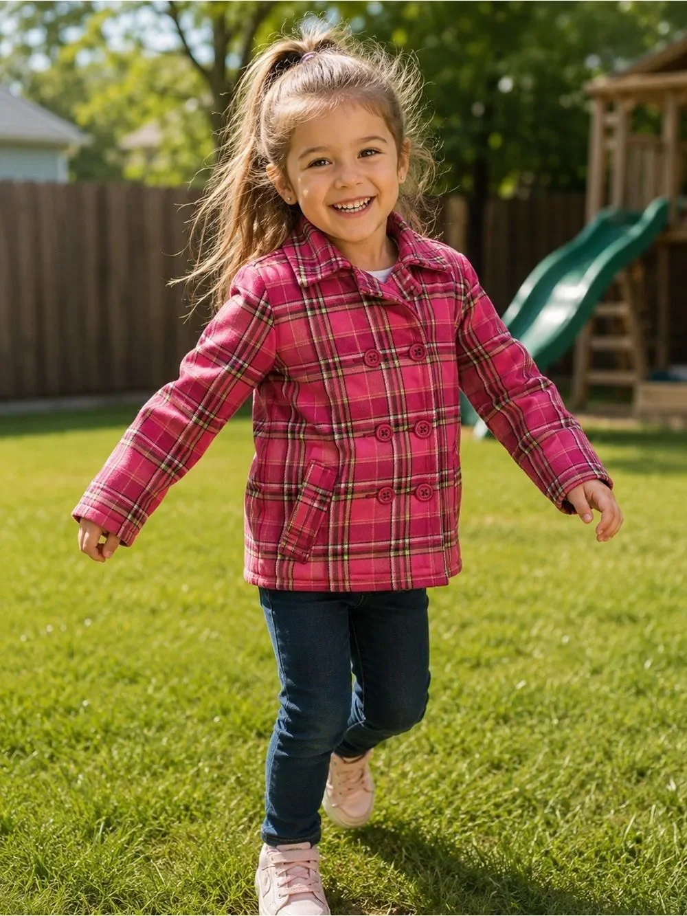Gymboree plaid pea coat - girls size small 5/6 (A-08)
